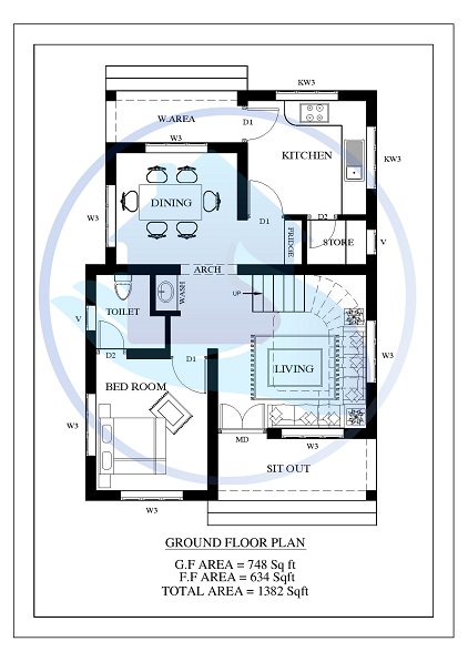1382 Square Feet 3 BHK Contemporary 20-20 Home Villa 13 Design