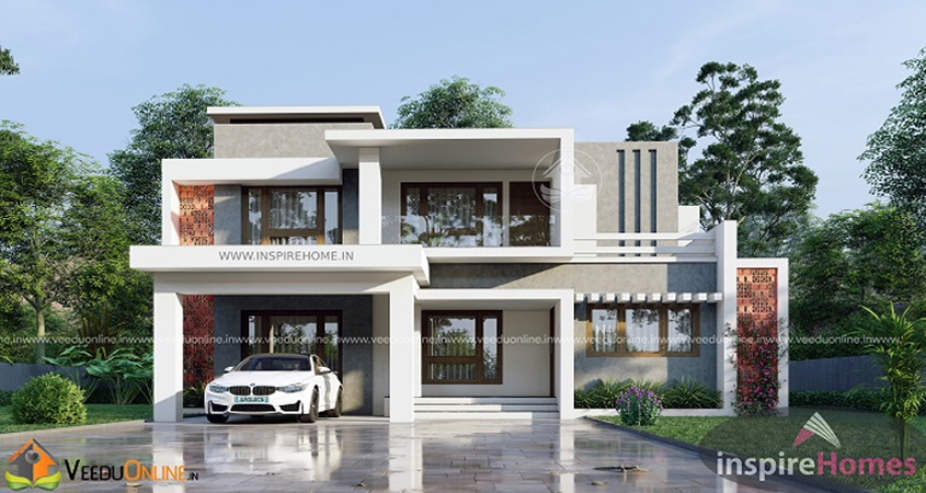 1600 Sq Ft Double Floor White Contemporary Home Design in Edavanakkadu | 4BHK Modern House Plan